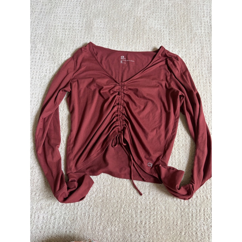 GapFit Brushed Tech Jersey Ruched Front Long Sleeve Top Burgundy Red Womens M
